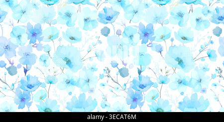 Seamless background with blue watercolor delicate flowers. Hand drawn. Not AI, vector illustration. Stock Vector