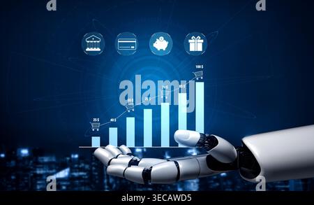 Robotic Hand Presenting Growth Chart with Icons of Finance, Shopping, and Data Analysis in Futuristic Blue Background Quark. Stock Photo