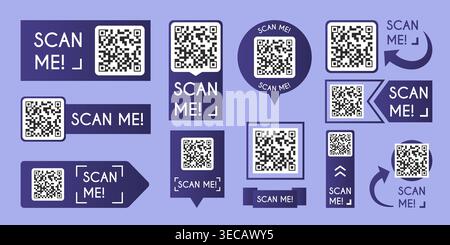 QR code scanner icons set isolated on background. Vector realistic set of smartphone screen and scan me frames with digital barcode for mobile payment, product verification, modern business technology Stock Vector