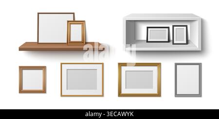 Realistic wooden shelf with empty frames mockup, vector illustrations. Product display elements, home white wall decor or retail exhibition with blank picture borders. 3D furniture with wood texture Stock Vector