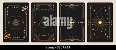 Magic tarot cards set with celestial moon and sun icons on black background. Vector realistic illustration of mystic vintage cards with golden border, snake and star ornaments, esoteric symbols Stock Vector