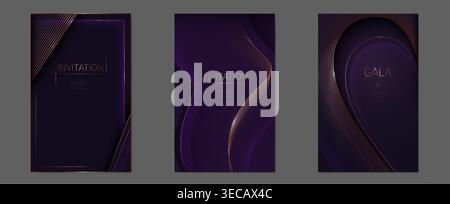Elegant purple abstract vector background with flowing golden thin lines and premium light effect. Luxurious award invitation with curved metal borders, gold frame banners Stock Vector