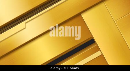 3d metal background with perforation, rivets and gold texture, realistic vector background. Brushed golden panel frame, dark grunge strips banner, border design with chrome details, perforated plaques Stock Vector
