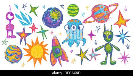 Set of childish crayon space objects and aliens isolated on white background. Vector cartoon illustration of funny chalk Earth, doodle stars, alien creatures and spacecraft, comets with burning tails Stock Vector