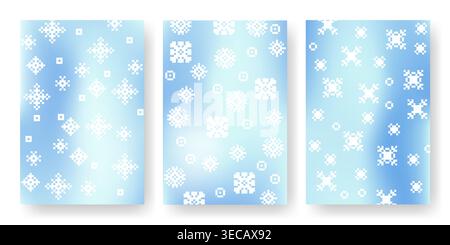 Elegant winter posters set with snowflakes on gradient blue background. Vector realistic illustration of abstract falling ice crystals, with pixel texture, soft backdrop, seasonal greeting banners Stock Vector
