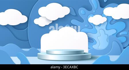 3d round podium stage with blue papercut waves frame, abstract vector background. Summer product display, geometric platform with sea water splashes and white clouds, origami scene for presentation Stock Vector