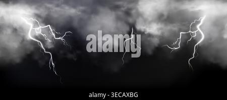 Thunderbolt and lightning strike through stormy dark clouds, realistic vector background. Atmospheric banner with dramatic powerful bolts glowing in the night sky, bad weather illustration, hurricane Stock Vector