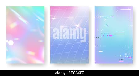 Abstract gradien pattern cards set. Vector realistic illustration of vibrant blue, pink backgrounds with geometric shapes, prism glare effect and glitch pixel texture, modern graphic banners Stock Vector