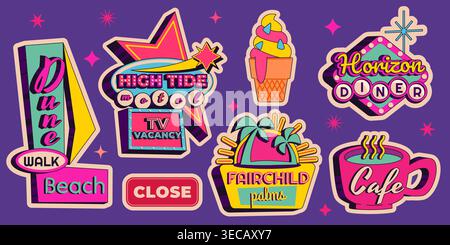 Vintage neon bar and motel signs with retro arrows and glowing lights. Vector cartoon illustration of classic American roadside signage set, vibrant nostalgic hotel, cafe, diner signboard collection Stock Vector