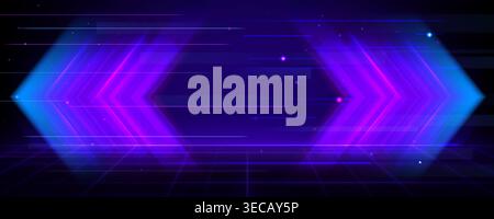 Neon arrow with glowing light trails on dark background, 3d abstract vector bg. Dynamic digital speed effect in blue and purple colors. Futuristic technology arrow concept for web design Stock Vector