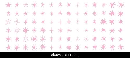 Pink crayon star set with hand drawn doodle shapes, cute childish style. Rough wax texture, sketch effect, playful pastel stars collection isolated on white, perfect for kids design, stickers, prints Stock Vector