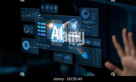 Futuristic Digital Interface Displaying Artificial Intelligence Metrics with Data Visualizations and User Interaction in a Technology Environment Sigm Stock Photo