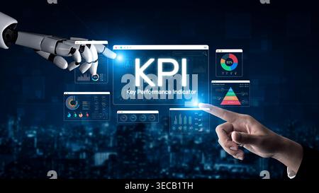 Futuristic Interface with Robotic Hand and Human Finger Interacting with KPI Dashboard and Data Analytics Visualizations Sigmoid Stock Photo