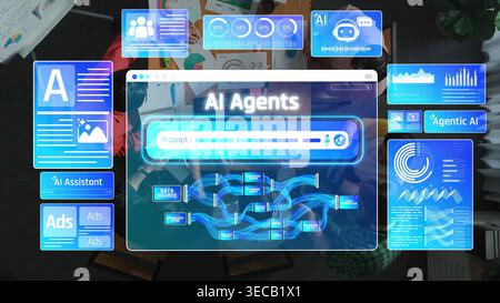 Futuristic Concept of AI Agents and Digital Interfaces in a Modern Workspace with Interactive Graphics for Technology and Innovation Themes Sigmoid Stock Photo