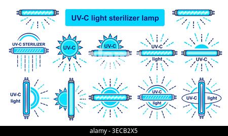UV disinfection light bulb lamp. UVC ultraviolet sterilizer. Electric antibacterial sterilization quartz lightbulb tube. Sanitize cleaning ray. Vector Stock Vector