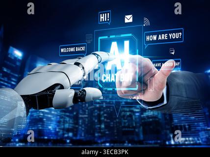 Futuristic Interaction Between Human Gesture and Robotic Hand Engaging with AI Chatbot Interface Against Cityscape Background Quark. Stock Photo