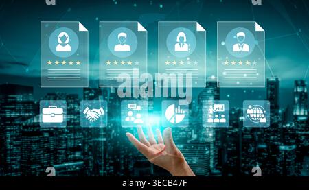 A hand reaches out towards digital profiles in a high-tech city setting, symbolizing the integration of technology in business and networking. Perfect Stock Photo