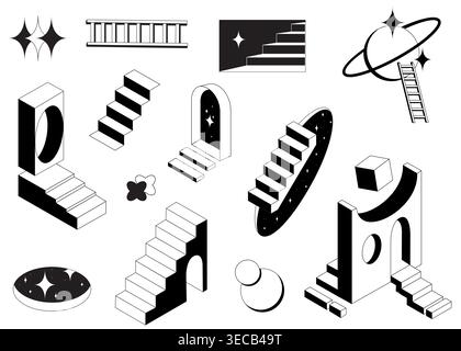 Surreal 3D doors with impossible geometric stairs and ladder, black vector icons isolated on white background. Abstract illusion portals in retro psychedelic style with strange shapes and perspective Stock Vector