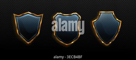3d transparent glass shields with protective gold metal frame, realistic light effect, vector icons isolated on background for security design. Guard badge with clean texture, safety emblem, insurance Stock Vector