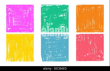 Colorful crayon texture frames with scribbles and doodles, realistic vector backgrounds. Hand drawn childish borders, vibrant pencil strokes for creative designs, color square blocks Stock Vector