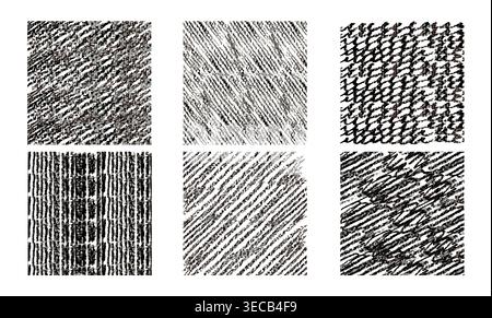 Black crayon doodle textures set on white background. Vector realistic illustration of abstract rough line patterns, diagonal vertical brush strokes, grungy distressed pattern, vintage canvas effect Stock Vector