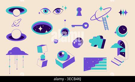 Surreal geometric door to psychedelic space, vector icons isolated on white background. Abstract portals with stairs, optical illusion in retro style. 3D fantasy contemporary eyes, key and planets Stock Vector