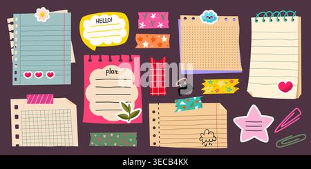 Cute memo paper frames with colorful stickers and doodle elements, cartoon vector set of illustrations. School notebook pages, diary sheets, and decorative tape for kids journals and planners. Stock Vector
