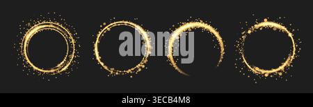 Golden rings with glowing light effect and sparkle dust, glitter on black background. Vector illustrations of magical circle frames with shiny gold particles, stroke flare borders Stock Vector