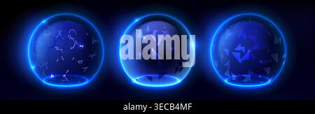 Transparent shield domes with glowing hexagon pattern and energy field effect, realistic vector on dark background. 3D neon blue glass sphere barrier with abstract digital mesh technology Stock Vector