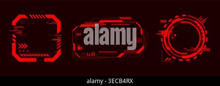 High tech hud interface with glowing red alert frames and futuristic holographic elements, abstract vector icons isolated on black background. Game ui design and cyber punk digital displays Stock Vector