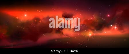Starry red sky background with nebula clouds and cosmic light, space universe scene with glowing stars, abstract vector illustration. Night bright wallpaper with glowing constellation Stock Vector