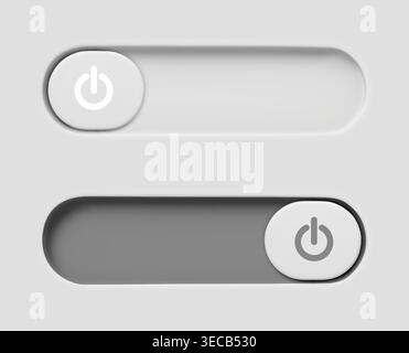 Modern 3D toggle switch icons with slider button, on and off mode, realistic vector illustration. Grey vector UI element for web interface design, active and inactive states Stock Vector