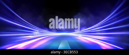 Dynamic road motion with neon light trails and speed effect at night, abstract vector background. Futuristic highway perspective with glowing purple energy lines, blur and smoke clouds Stock Vector