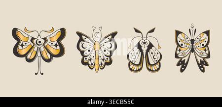 Celestial moth and butterfly set with moon, star, eye icons isolated on background. Vector illustration of mystical black golden doodle insects decorated with esoteric signs, tarot card design element Stock Vector