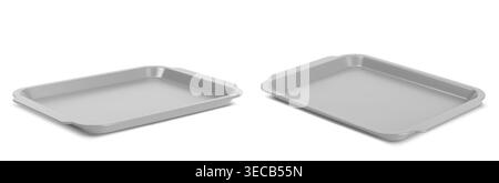 Empty plastic lunch tray with handles for cafeteria meals, angle view, 3D realistic vector illustration isolated on white background. Grey isometric mockup for fast food service design Stock Vector
