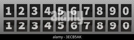 Mechanical flip clock numbers, countdown timer digits, 3d realistic vector illustration isolated on transparent background. Black retro scoreboard panels showing time, classic airport style font Stock Vector