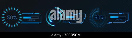 Modern hud interface with circular frame, progress bars and loading indicators, abstract vector icons. Futuristic dashboard elements with digital percentage displays, tech graphics for game ui design. Stock Vector