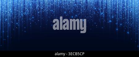 Glittering blue rain, shining sparkles and particles on black background, vector border. Shimmering confetti dust, festive light effect, luxury award banner and celebration design Stock Vector