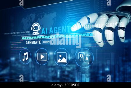 Futuristic Robot Hand Interacting with Digital Interface Featuring AI Agent, Data Streams, and Multimedia Icons for Technology Concept Fluxor. Stock Photo