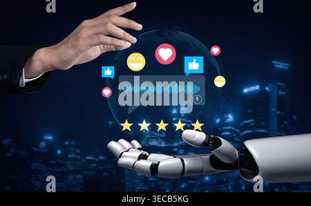 Engaging visual of a human hand reaching towards a robotic hand, symbolizing connection and communication in a tech-driven world with vibrant digital Stock Photo