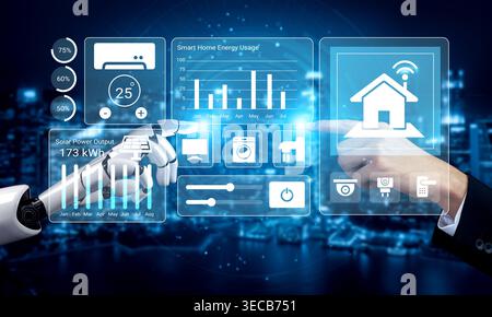 A visual representation of a human and robot interacting with smart home technology. The digital interface displays energy management data and innovat Stock Photo
