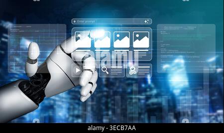 A modern robotic hand engages with an interactive digital interface displaying images, code, and data in a high-tech cityscape, symbolizing the future Stock Photo