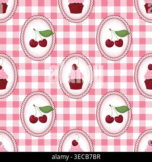 Romantic Coquette Seamless Pattern with Cupcakes and Cherries on a checkered background. Vector illustration Stock Vector