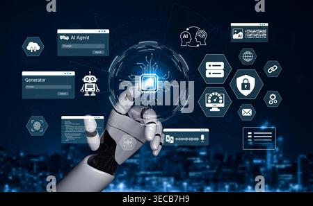A robotic hand interacts with a vibrant digital interface showcasing various elements of artificial intelligence and data management technologies, rep Stock Photo