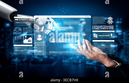 A futuristic scene featuring a robot hand reaching out to a human hand, symbolizing the connection between artificial intelligence and human interacti Stock Photo