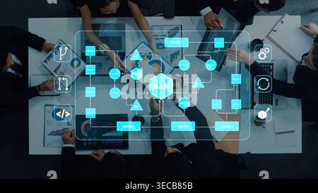 Business Meeting with Team Analyzing Data and Creating Flowcharts on Laptops and Papers in a Modern Office Setting Quark. Stock Photo
