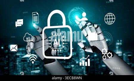 Explore the intersection of artificial intelligence and cybersecurity through robotic hands interacting with digital icons, illustrating the future of Stock Photo