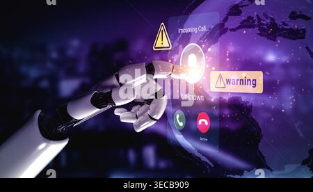 A futuristic robot hand reaches towards a holographic phone interface displaying an incoming call notification with a warning on a global backdrop, sy Stock Photo