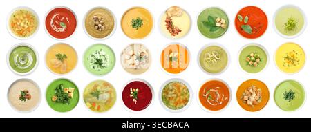 Different tasty soups in bowls isolated on white, collage. Top view Stock Photo