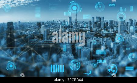 Explore a stunning aerial view of a modern city featuring high-rise buildings and digital data overlays, highlighting the fusion of technology and urb Stock Photo